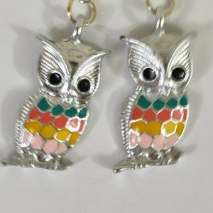 Owl wire dangle enamel earrings silver tone